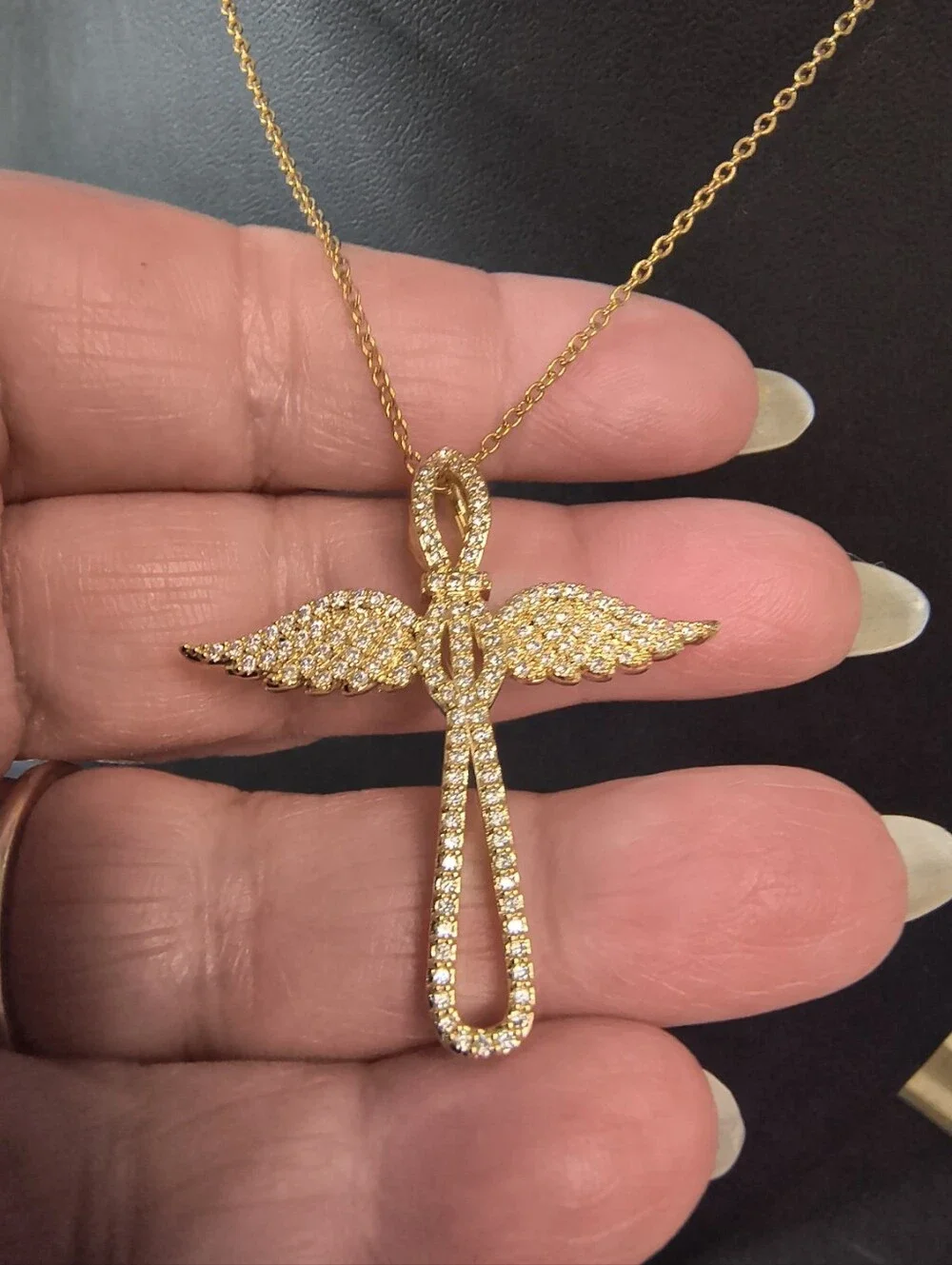 18K Gold Over Stainless Steel Angel Wing Cross Necklace CZ Christian Faith 18+2